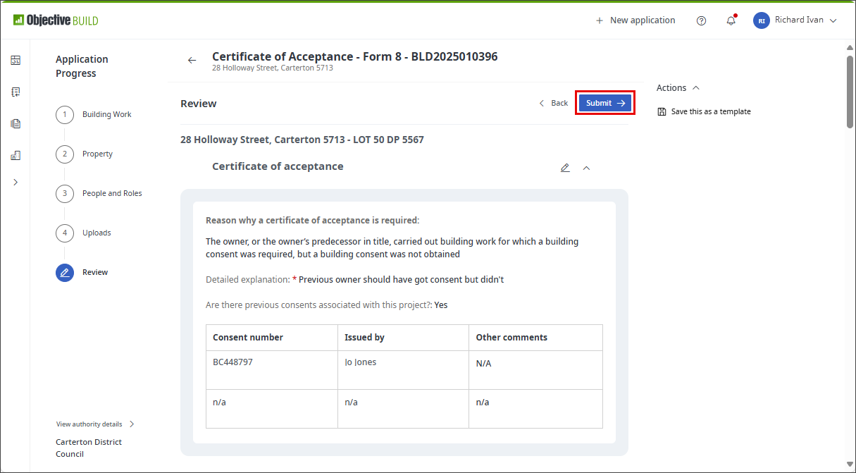 Certificate of acceptance (Form 8)