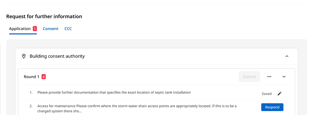 Image showing RFI round and question indicator numbers on an application overview page